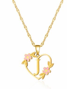 Stainless Steel Gold Initial J Heart Pendant Necklace with Pink Flowers